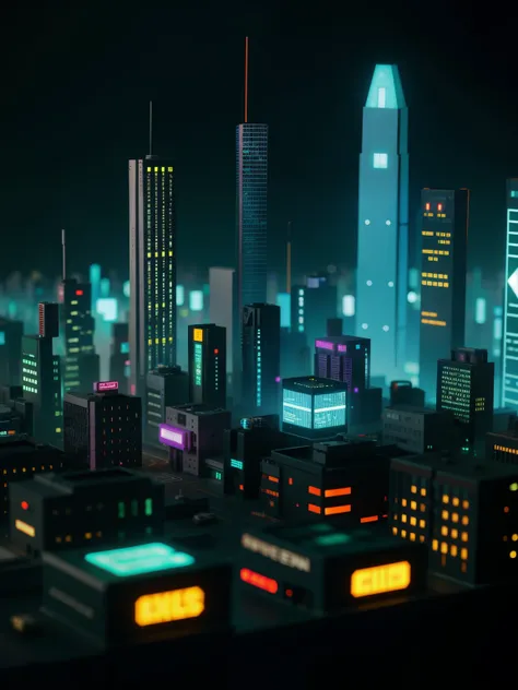 close up of a cyberpunk city made from ral polygon, fotografia tilt-shift