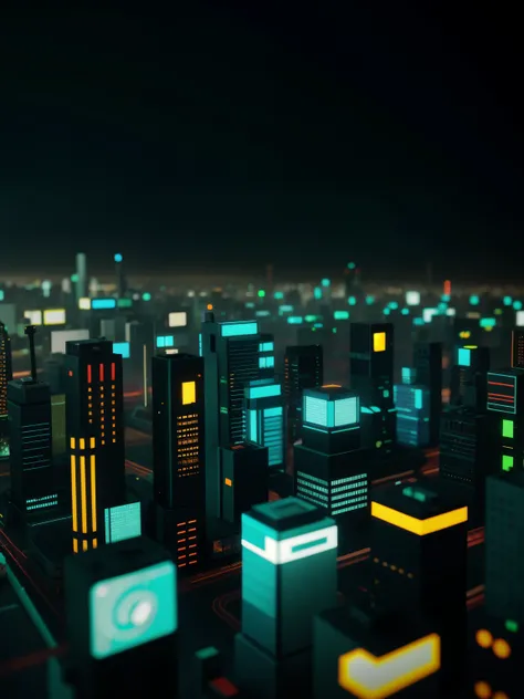close up of a cyberpunk city made from ral polygon, fotografia tilt-shift
