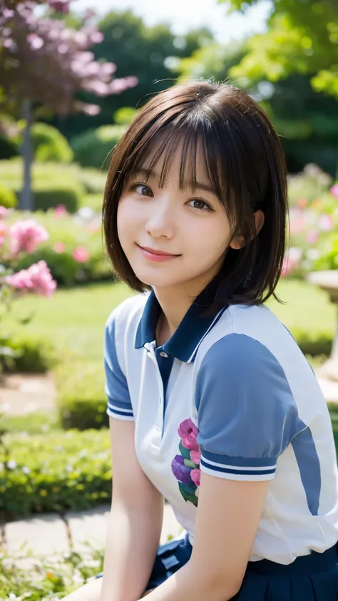 (best quality,masterpiece:1.3,Ultra-high resolution),(Super detailed,Caustic lines,8K), (Reality:1.4, RAW Shooting),garden,Grass,sit,Japanese,20 years old,Lovely,(Smile),looking into camera,Black short hair,Polo Shirt,mini skirt,Half-length photo,High Angl...