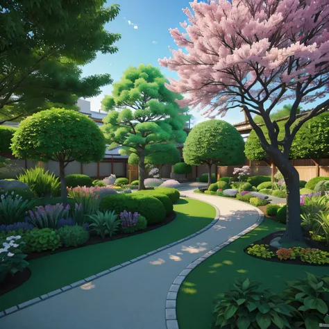 cute jardin japones arboles de cerezo  colorido, 3d render style