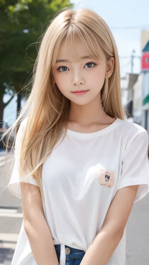 Sunburn marks on tanned skin、blush、Bright blonde hair,A cute 16-year-old girl with a cute look, A strong wind blows my hair in front of my face、Beautiful big sparkling eyes, Cute eyes hidden by long bangs、Yawn、No visible nasolabial folds、A short, light-col...