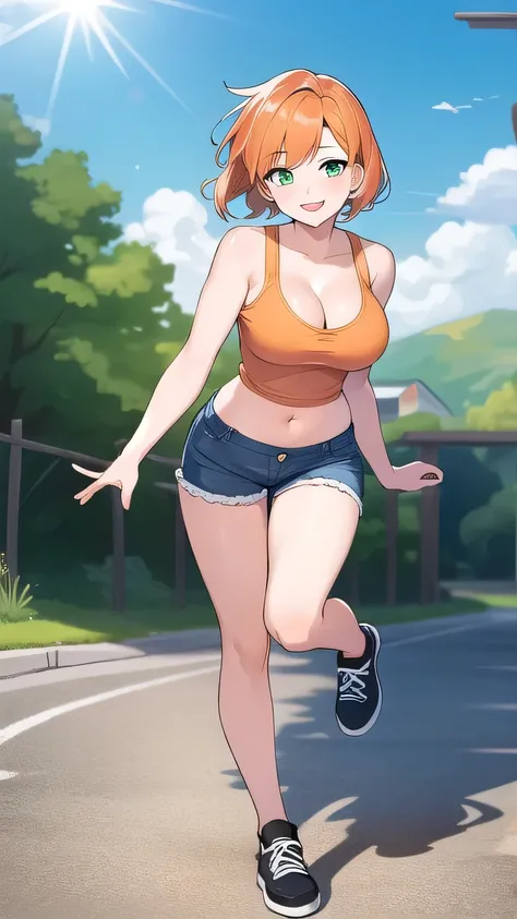 1girl, short orange hair, black-green eyes, tank top orange, blue shorts, black footwear, deep cleavage, large breasts, sunny day, realistic, glowing eyes, full body, navel, muscular girl, thigh, 18th years old, smile, sexy, 