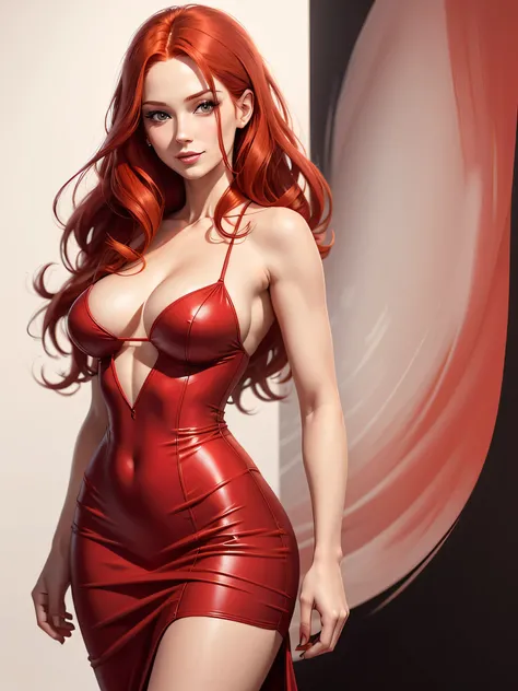 Illustration, drawing of a adult red hair woman, 30 years old, sexy, dressed with a revealing red dress. Happy look. Solid white color background. Work of art. Image with side margins. #3D, #illustration, #cinematic