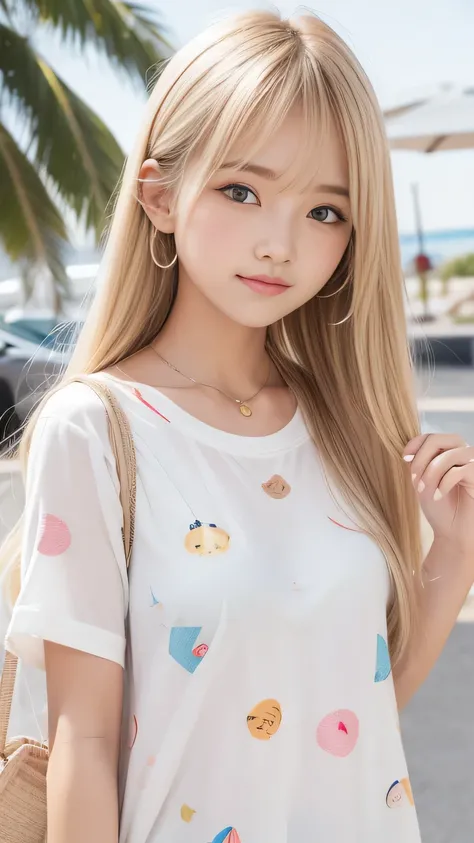 Sunburn marks on tanned skin、blush、Bright blonde hair,A cute 16-year-old girl with a cute look, A strong wind blows my hair in front of my face、Beautiful big sparkling eyes, Cute eyes hidden by long bangs、Yawn、No visible nasolabial folds、A short, light-col...