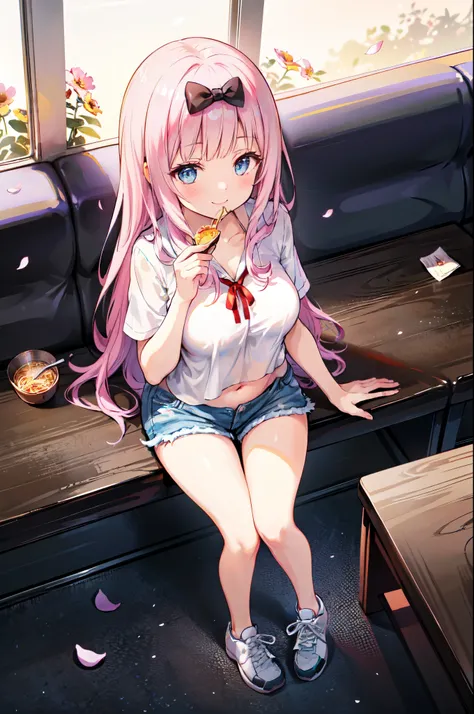 realistic image, detailed image, coherent image, 1 beautiful girl, she has very long hair, she has a black bow in her square bangs, pink hair, light blue eyes, smiling, winking, she is wearing a loose blouse, showing navel, mini jean shorts, sneakers, She ...