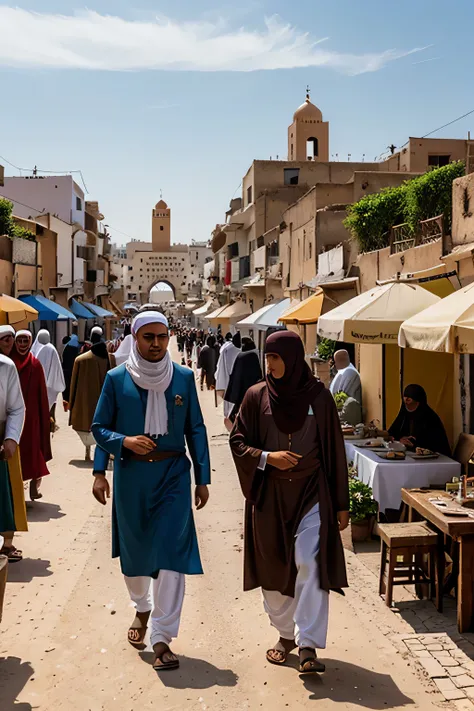 Stadt Sidi Rahal in marokko in einer Zeit vor hundert Jahren schreiben., in ihrer Art der Anbetung und des Handels, die friedliche Toleranz zwischen ihnen und den Muslimen, Christen und Juden aber das bils von stadt die ganze sein