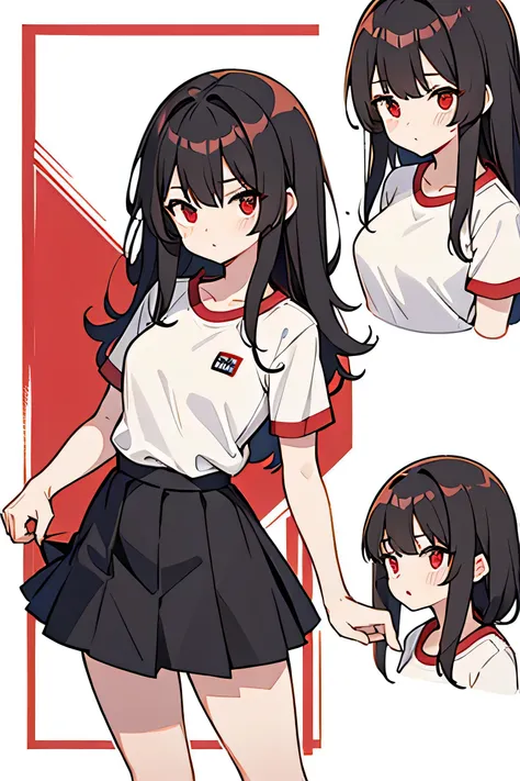 Girl, cute, good anatomy, red eyes, red black hair, shirt black, skirt red 