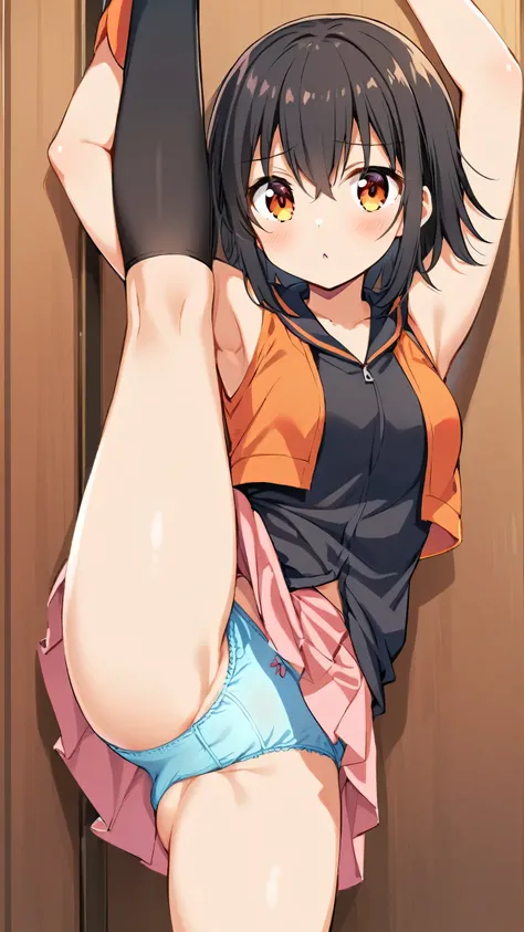 One Girl, Standing splits, Yuki Mikan, Long black hair，black sleeveless, Short Vest，Pink Skirt，Blue underwear