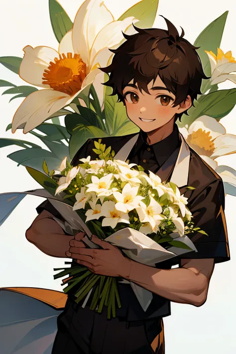 Brown boy with smile holding bouquet of flowers 