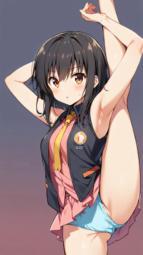 One Girl, Standing splits, Yuki Mikan, Long black hair，black sleeveless, Short Vest，Pink Skirt，Blue underwear