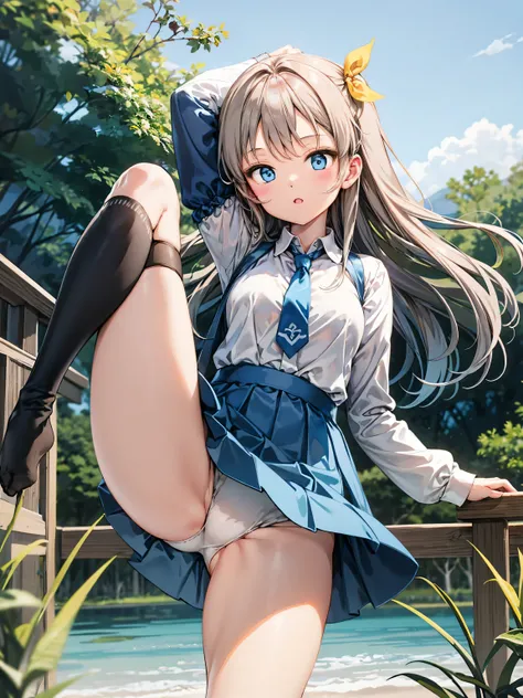 extremely fine and beautiful, Anime style, Cute Girl, standing split, Standing on one leg, 1girl, Long hair, Yellow Ribbon, White shirt, White panties, blue necktie, Blue skirt, black kneehighs, (Thigh thin: 1.1), plein air