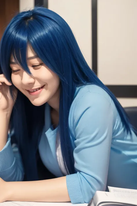 A blue-haired girl giving counseling in a counseling room, smiling with a sad expression