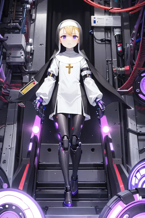   girl ,girl 12 year old  , mechanical face , futuristic nun dress ,flat  chest ,long brown hair frinje ,(loli body), mechanic-headband, purple leds ,purple  light auréola,   quality, 8k ,nun uniform , Cyborg arms. Mechanical Limbs Metal,  Mechanical legs ...