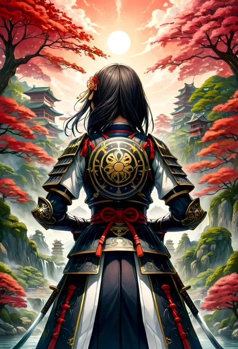 a picture of Japanese female knight, she has long black hair, wearing samurai armor, armed with a katana, ready for battle, ((shot taken from the back)), Japanese fantasy art, (Masterpiece: 1.5), 16k, highres, best quality, high details, ultra detailed, ma...