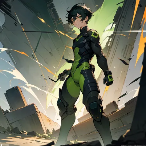 1male, young adult, finely detailed green eyes, wild short hair, black hair, scars, arm bandages, full body combat suits, loose pants, standing on ruined building, night time, serious expression