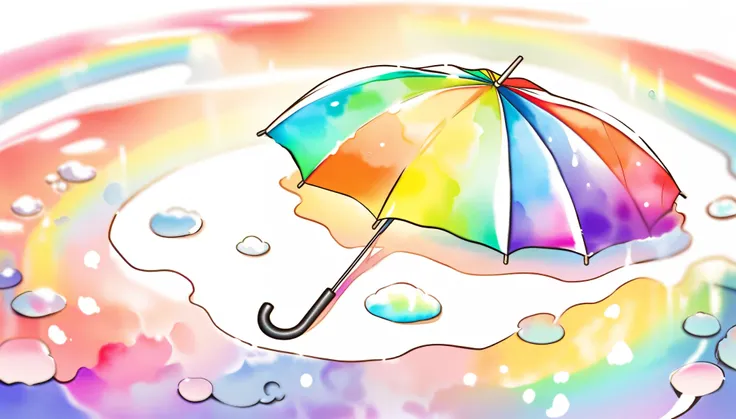 An umbrella lying on a white background, in puddle, rainbow watercolor style umbrella.
