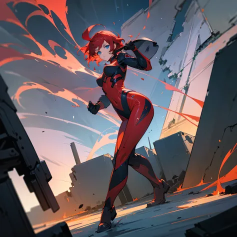 1female, young adult, finely detailed blue eyes, wild medium hair, red hair, full body combat suits, standing on ruined building, night time, serious expression