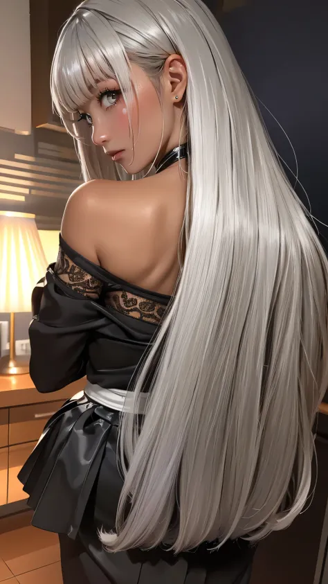 from behind,backwards,high school girl,silver hair,(ebony skin:1.2),(Thin type:1.8),(big breasts),(random hairstyle),(Highest image quality,(8k),ultra-realistic,best quality, high quality, high definition, high quality texture,high detail,beautiful detaile...