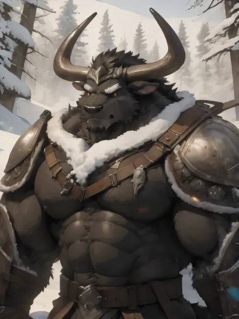 Minotaur, solo, muscular, perfect_eyes, perfect_face, abs, big_chest,wide_body, muscular_arms, winter, snowforest_background, solo, minotaur, angry, half_body, close_up, manly, man, muscular, brown_horns, big_eyes, orange_eyes, glowing_eyes, bara_body,hype...