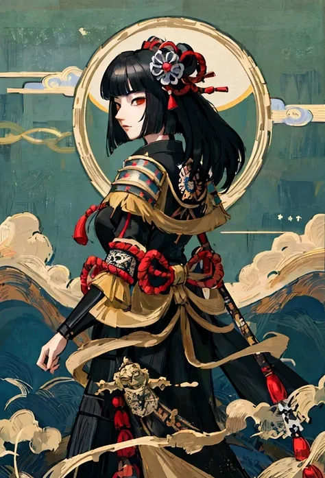 a picture of Japanese female knight, she has long black hair, wearing samurai armor, armed with a katana, ready for battle, ((shot taken from the back)), Japanese fantasy art, (Masterpiece: 1.5), 16k, highres, best quality, high details, ultra detailed, ma...