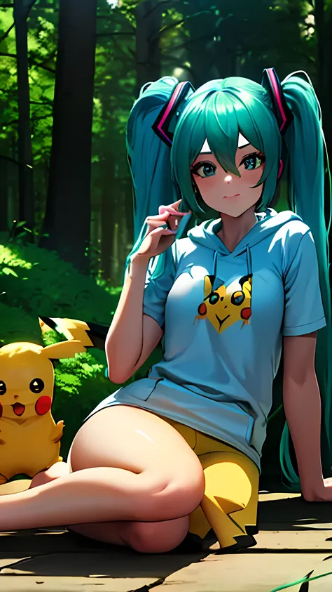 uhd, absurdres, cowboy shot 1girl, Hatsune Miku, bare legs, hoodie, short sleeves, in a bright forest, ((with a pikachu))