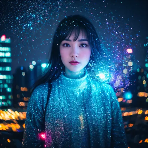 "Big city at night、A young woman wanders amongst the neon-lit skyscrapers。She has a vague facial contour.、Has a lonely look。Transparent bubbles float around the woman.、Each bubble seems to reflect her thoughts and dreams.。Starry sky spreads out in the back...