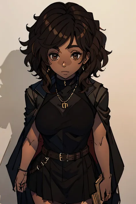 brown curly hair, dark brown skin, black bodysuit, black skirt, belt bag