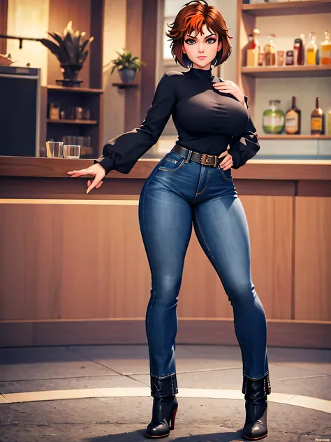 merula, full body, thighs, high boots high heels, solo, nude tits, bootcut flare jeans