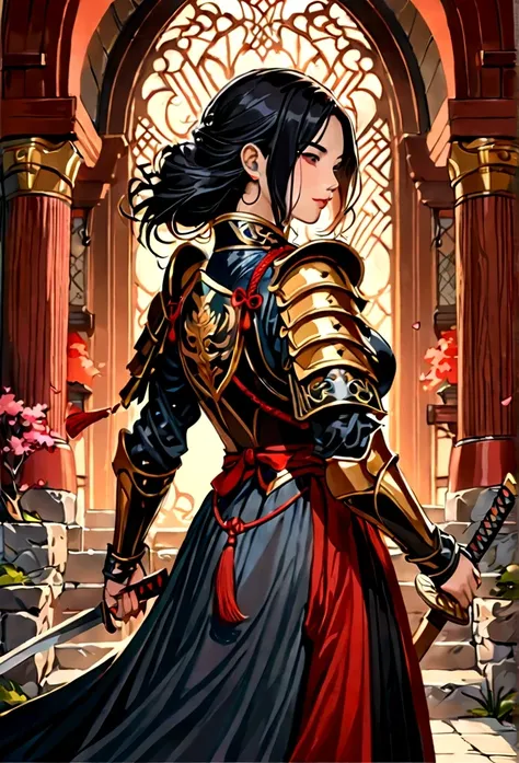 a picture of Japanese female knight, she has long black hair, wearing samurai armor, armed with a katana, ready for battle, ((shot taken from the back)), Japanese fantasy art, (Masterpiece: 1.5), 16k, highres, best quality, high details, ultra detailed, ma...