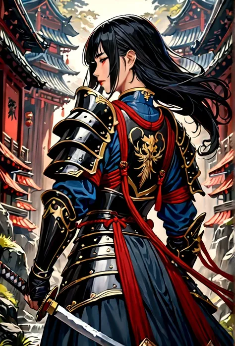 a picture of Japanese female knight, she has long black hair, wearing samurai armor, armed with a katana, ready for battle, ((shot taken from the back)), Japanese fantasy art, (Masterpiece: 1.5), 16k, highres, best quality, high details, ultra detailed, ma...