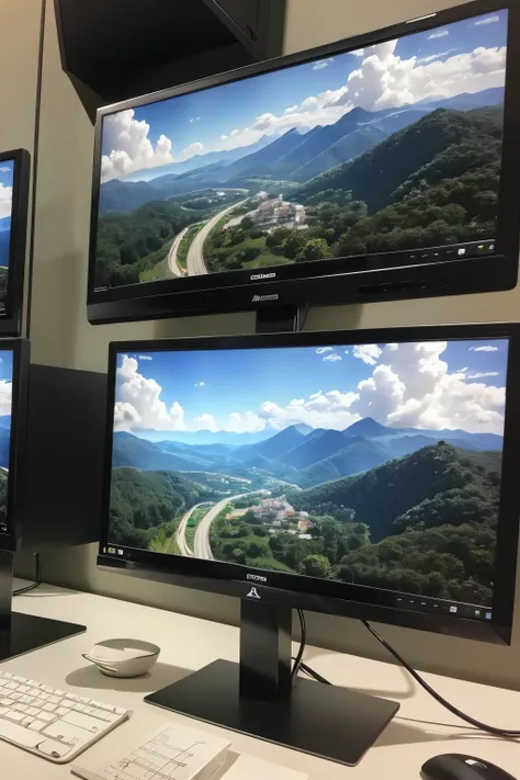 ((melhor qualidade)), ((realista)), (detalhado), 1 computador, monitor telcao e mouse em cima de uma mesa, estilo mais corporativo, monitor com imagens de planilhas
