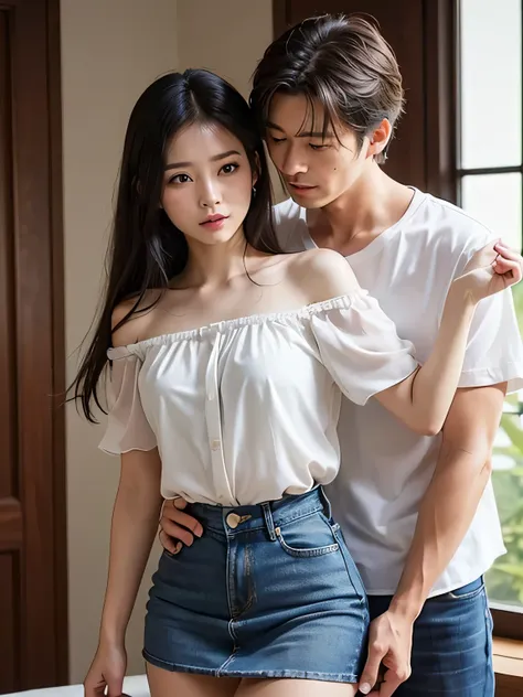 masterpiece，highest quality，Advanced Details，1 male，1 female，((An empty room:1.4))、((Japanese woman with straight medium-long hair:1.4))，16 year old female:1.7、((White short sleeve chiffon off-shoulder open front shirt:1.4))、(((White chiffon short sleeve s...