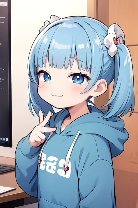 1girl, :3, twintails, upper body, looking at viewer, half-closed eyes, hoodie, blue hair, blue eyes, Nijisanji, gawr gura, 