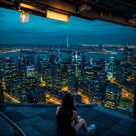 "City rooftop at night、Lined with skyscrapers、The cityscape spreads out with neon lights and street lamps.。You can see the starry sky and the night view.、A young woman sits on the edge of a rooftop、Swinging my legs, I stare at the distant city lights。Noteb...