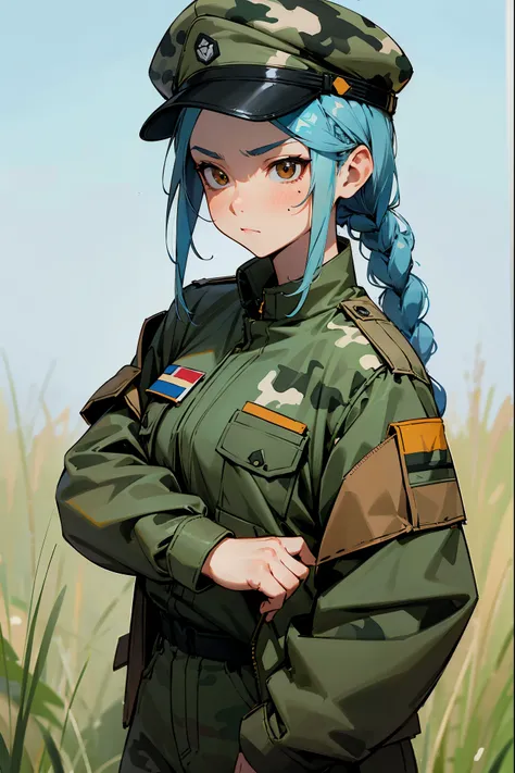 1female, baby blue hair, braided hair, brown eyes, serious expression, camouflage military jacket, white tanktop, camouflage pants, military cap, grassy background, detailed background