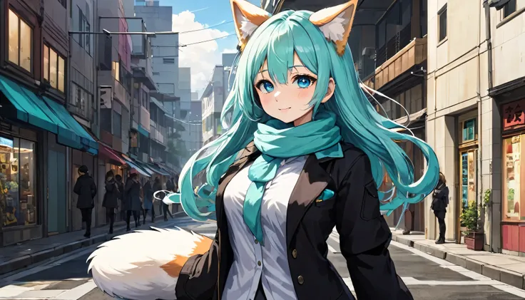 One girl, Animal earsの毛, Animal ears, Aqua Eye, bangs, black coat, chest, button, coat, Arms crossed, Fox Ears, Fox Girl, High resolution, large chest, Long Hair, View Viewer, Open your mouth, Partially unbuttoned,  road, scarf, shirt, Short eyebrows, smil...