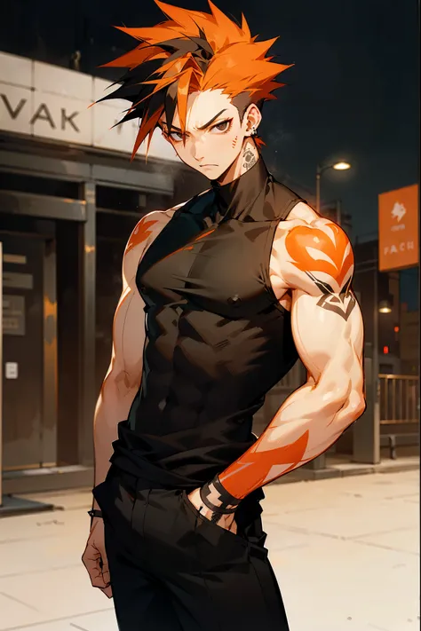 1male, half color hair, orange hair, black hair, black eyes, spiked hair, nonchalant expression, black tanktop, arm tattoos, lean, black pants, city background, standing on path, hands to side, detailed background