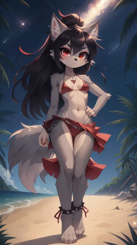 furry girl, wolf, black hair, punk hairstyle, large long spiky ponytail, anime style, small breasts, red eyes, eyeshadows, makeup, ((deep red bikini ruffled triangle, high cut bottom, star necklace, beach sarong with shooting stars on hips)), high quality,...