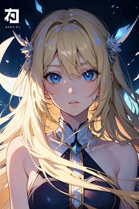 Cover magazine, anime, woman, solo, long hair, blonde hair, blue eyes, model, beautiful, half body potrait, fantasy, ice