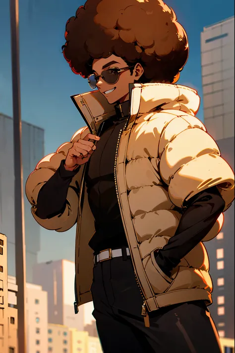 1male, dark skin, black aviators, brown hair, afro, grinning, black shirt, white puffer jacket, black pants, city background, de...