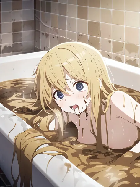 One、Wearing no clothing、Soaking in a bathtub filled with solid feces、Lying in the bathtub、Yellow Hair、Standard Bust Size、Eyes are dead、Pale、The body is covered with a lot of feces、Feces dripping from the corner of the mouth、My face is covered in fecey hair...