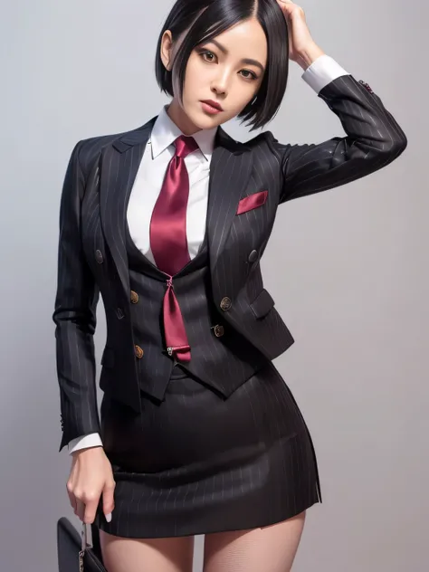 1 woman, ada wong, fully clothed, skirt suit, suit and tie, (((three-piece suit))), silk dress shirt, shirt and tie, necktie, ((blazer)), ((suit jacket)) ((waistcoat)), ((bodycon miniskirt)), pantyhose, tights, stockings, ((pinstripe suit)), high heels, ti...