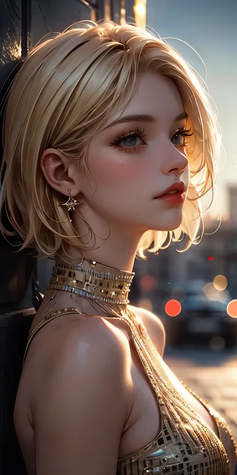 a young 19 year old woman looking up at the Arc de Triomphe in Paris, France, wearing a tight beige dress with blonde short bob hair, highly detailed portrait of the Arc de Triomphe, deep depth and height, realistic, photorealistic, masterpiece, high quali...