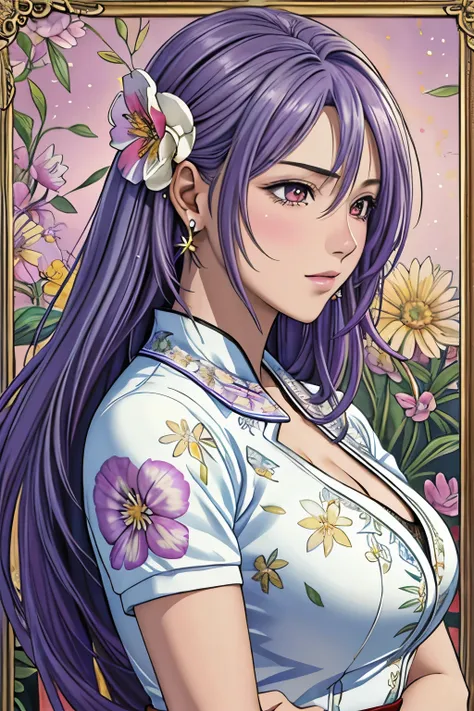 (​masterpiece, top-quality, top-quality, Official art, Beautifully Aesthetic:1.2), red eyes, (highest quality, masterpiece painting:1.3), immature woman, 16 years old, (half body shot), masterpiece, ultra high resolution, (((Flower frame, A lot of flowers ...