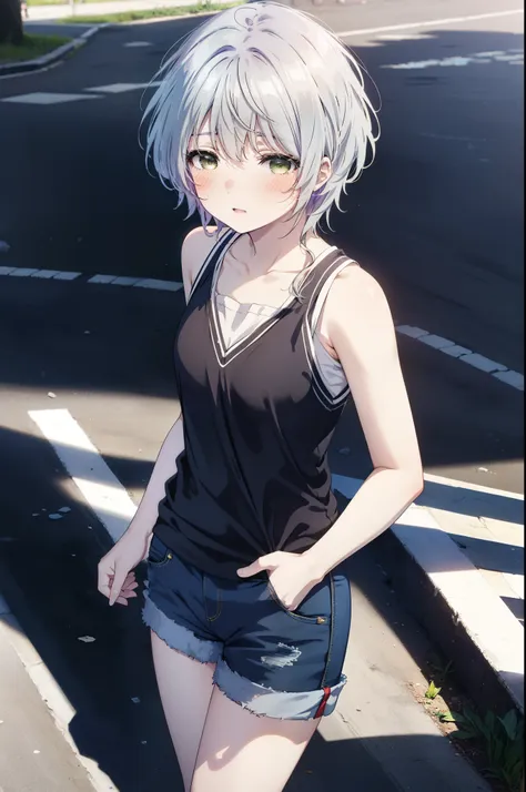 fuukakikuchi, fuuka kikuchi, １girl girl,short hair, bangs, hair between the eyes, (green eyes:1.3), gray hair,black cardigan　fro...