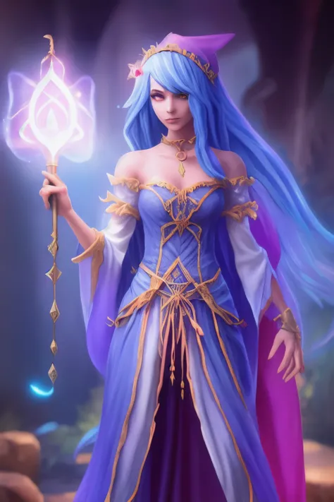 The Black Mage is a sorceress of renown and unparalleled power, known for her magical skill and imposing presence. Dressed in elegant blue and pink attire, adorned with arcane runes, she wields a magical scepter that glows with mystical energy. His eyes co...