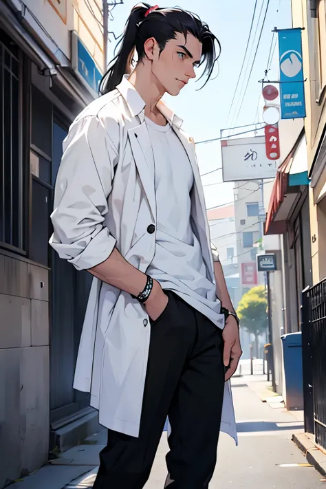 white young man, BLUE eyes, tall, white shirt, black pants, stylish hair, black hair, casual clothes, long hair, ponytail