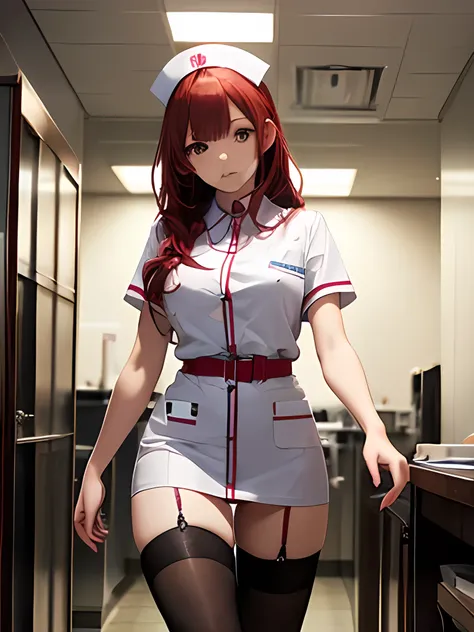 beautiful young woman, anime style, long flowing red hair, red eyes, delicate features, soft lighting, wearing a nurse uniform, short white mini skirt, no hat, elegant design, thigh-high stockings, exposed thighs, hospital background, caring expression, dy...