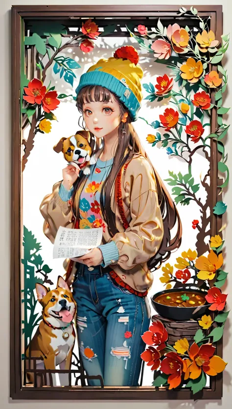 (((paper cutting style))), (frame of illustration is 3D paper cutting: 1.2), (colorful), 1 girl, brown long hair, curry long hair, knit cap, denim, shirts, 1 dog with girl