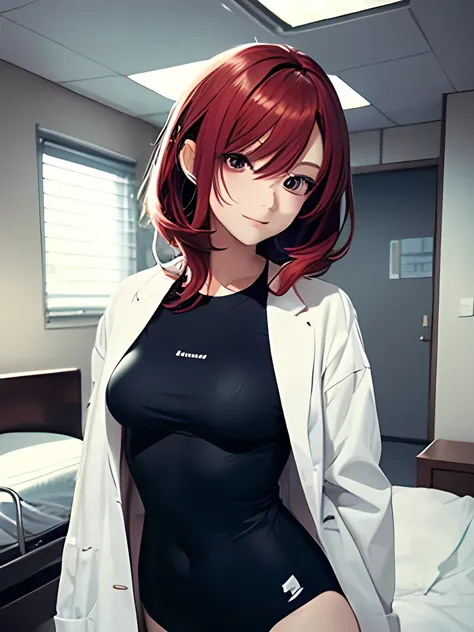 beautiful young woman, anime style, detailed face, red hair, red eyes, delicate features, soft lighting, wearing a swimsuit, lying on a bed, hospital room background, relaxed expression, dynamic pose, female doctor, wearing white coat, standing beside the ...